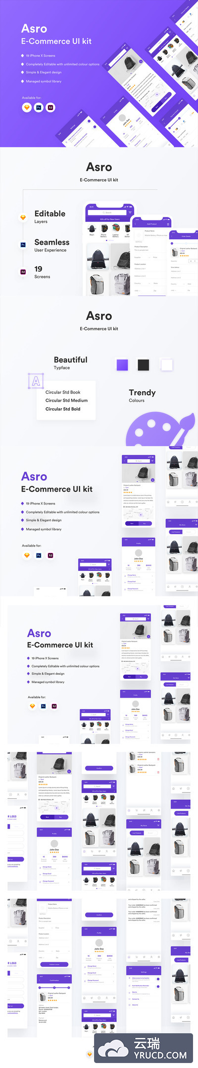 时尚的多功能包包电商APP UI KIT模板套装下载 [Sketch,PSD,XD]
