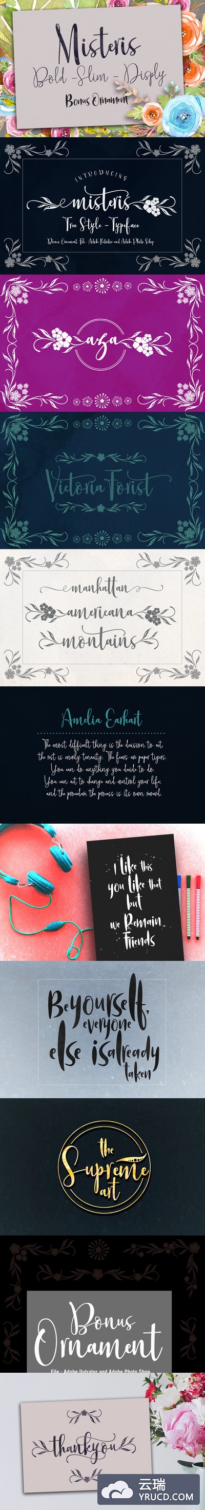花卉风格字体 Misteris (3 Styles+Ornmt)
