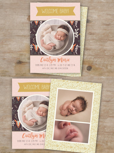 森林女孩出生宣传海报模板 Woodland Girl Birth Announcement