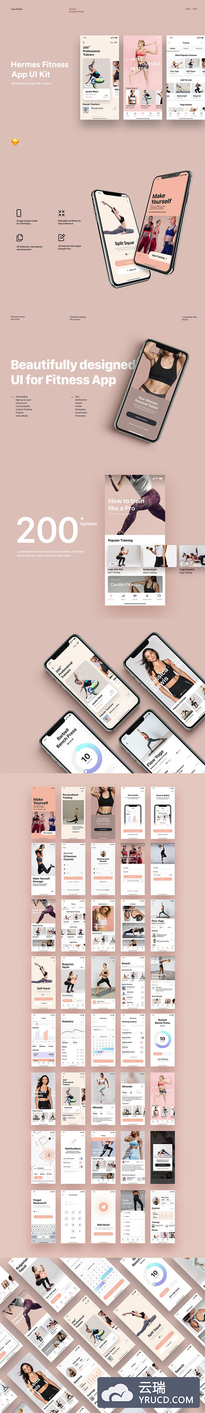漂亮的粉色女性风格健身运动多功能APP UI KIT模板套装下载 [Sketch]