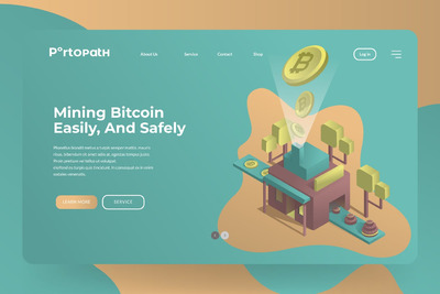 时尚高端3D立体2.5D等轴等距比特币区块链blockchain挖矿海报banner着陆页插画设计模板