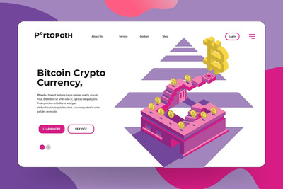 时尚高端3D立体2.5D等轴等距比特币区块链blockchain挖矿海报banner着陆页插画设计模板-3