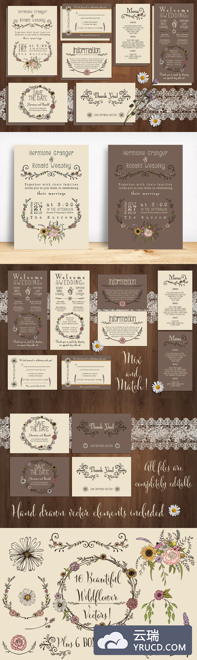 古典的花卉婚礼邀请函模板套装 Wildflower Wedding Invitation Suite