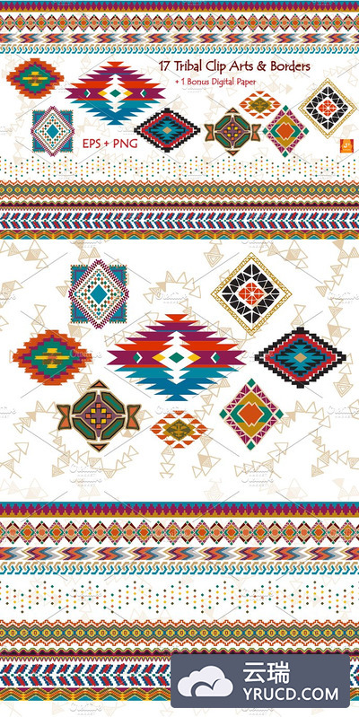 矢量部落剪贴艺术和边界 Vector Tribal Aztec Clip Art &Border