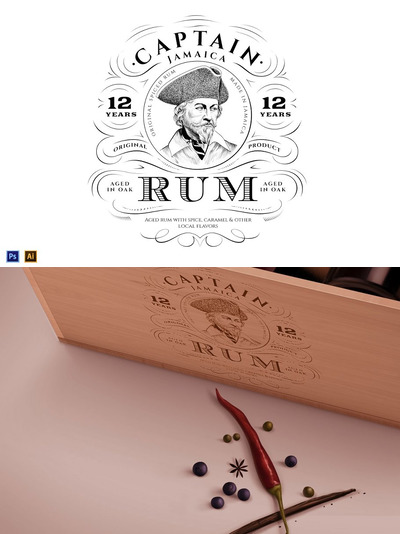 带有海盗头的复古朗姆酒标签 Vintage Rum Label with Pirate