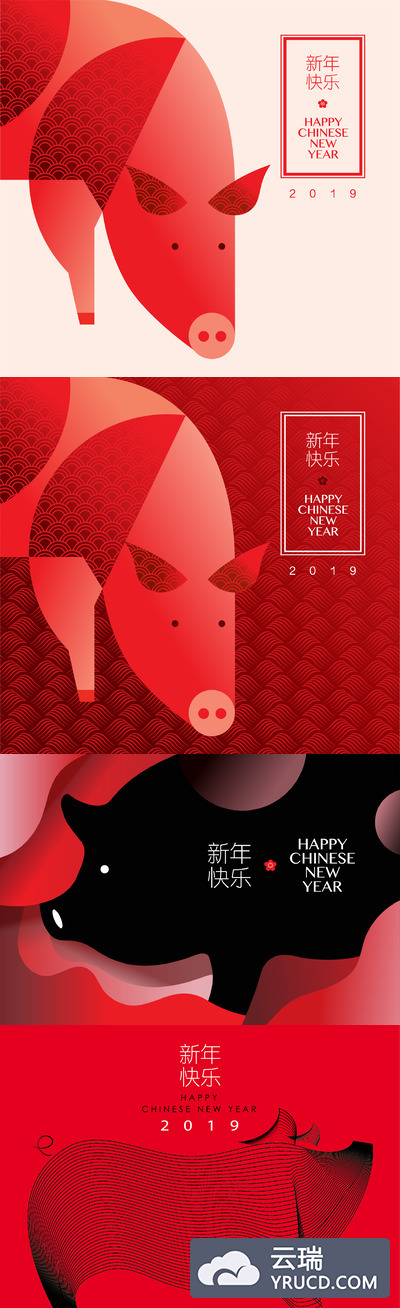 矢量 | 2019新春猪年吉祥如意中式图案插画元素海报AI素材