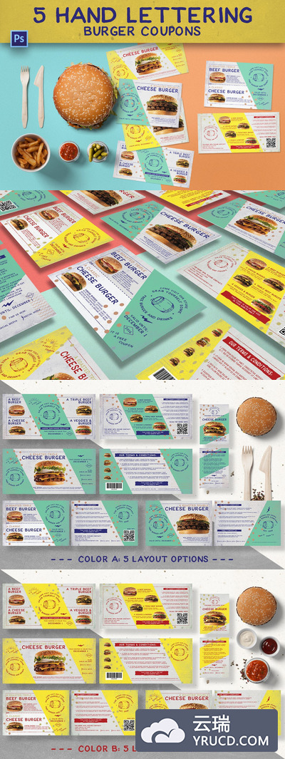 时尚高端手绘手写字体风格的美式汉堡优惠券折扣券入场券设计模板