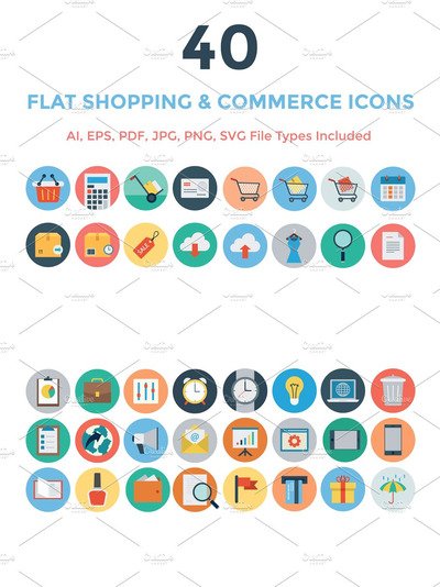 40个扁平化商业图标 40 Flat Shopping and Commerce Icons