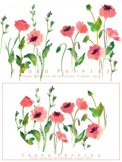 褪色效果的水彩画素材 Faded Poppies-Watercolor Clip Art