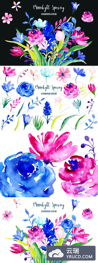 月光春天水彩花卉 Watercolor Clipart Moonlight Spring