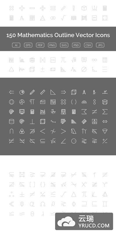 150数学相关的图标 150 Mathematics Outline Vector Icons