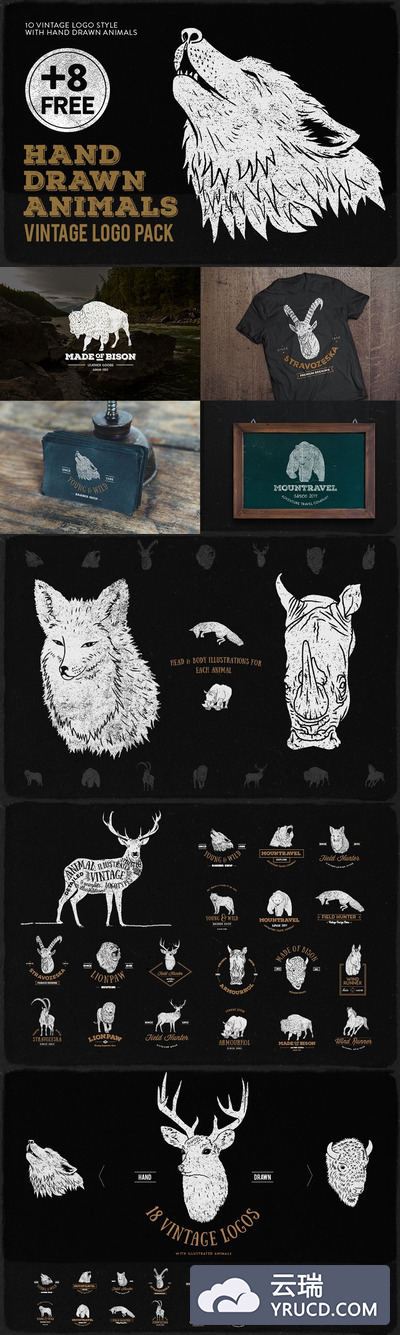 复古手绘动物LOGO工具包 Hand Drawn Animals Vintage Logo Kit