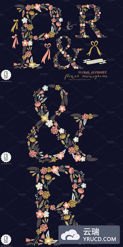 花卉字体 Floral letters, monogram, floral PR&