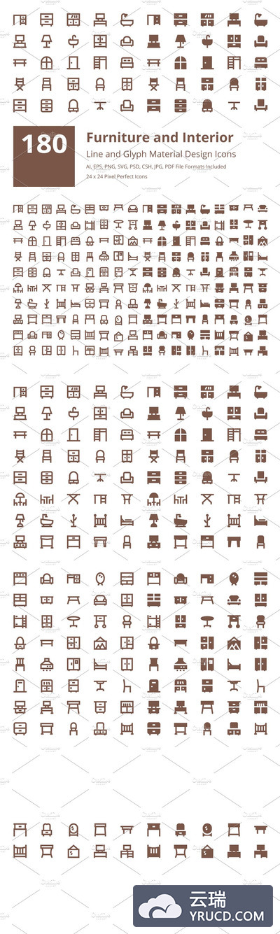 180个家具材质设计图标 180 Furniture Material Design Icons