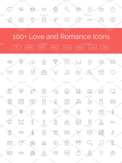 100+爱情和浪漫的矢量图标 100+ Love and Romance Vector Icons