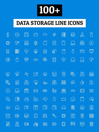 100+数据存储线型图标 100+ Data Storage Line Icons