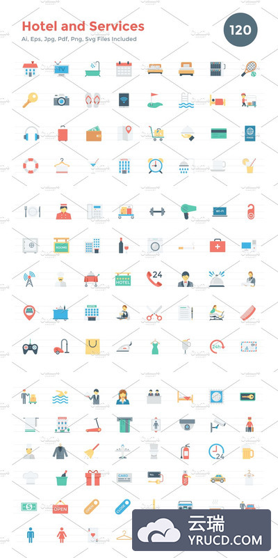 120扁平化酒店服务图标 120 Flat Hotel and Services Icons