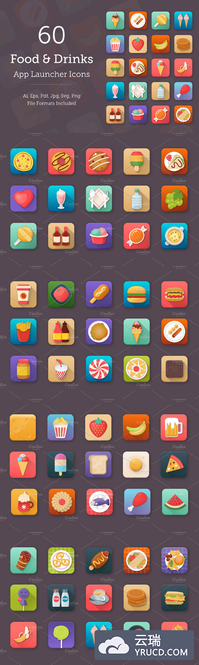60个食物和饮料应用图标 60 Food and Drinks App Icons