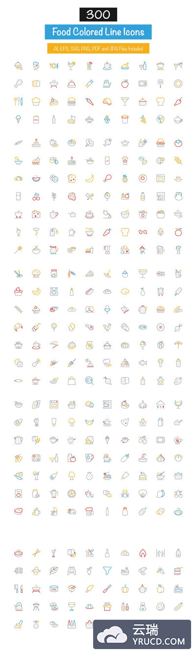 300个食品彩色线型图标 300 Food Colored Line Icons