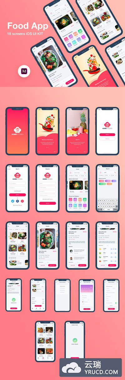 时尚漂亮的美食点餐全流程APP UI KIT套装模板下载 [XD]