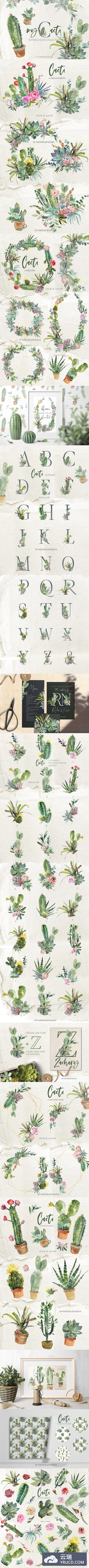 仙人掌水彩剪贴画 Cacti Watercolor Cactuses Clipart