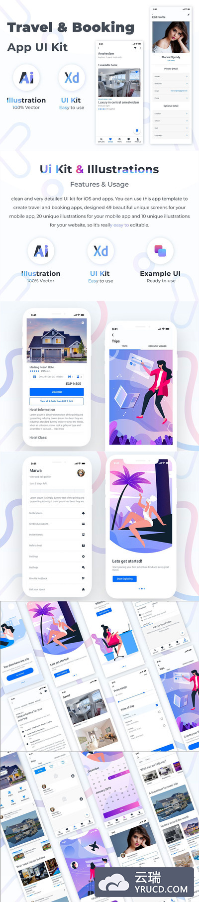 完美的旅行酒店预定相关的APP UI KIT模板+概念创意插画套装下载 [XD,Ai]