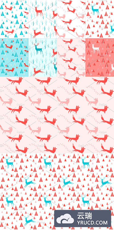 8 .鹿和狐狸无缝图案 8 deers and foxes seamless patterns