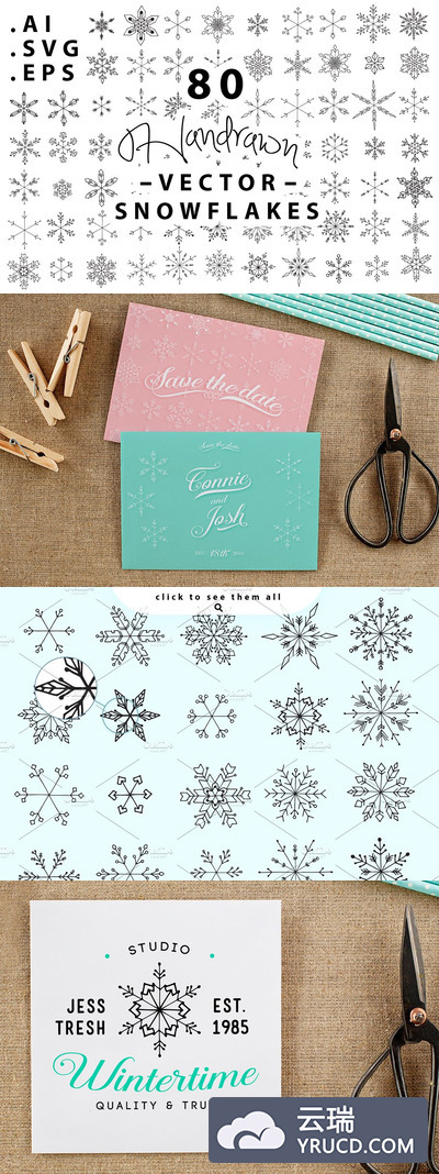 80个手绘雪花矢量 80 Handrawn Snowflake Vectors