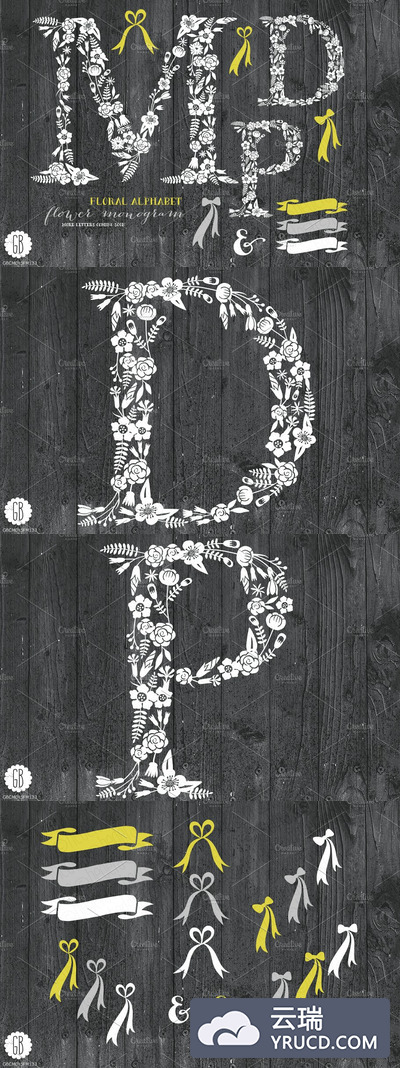 质朴的花卉字母图形 Floral letters, rustic, white MDP