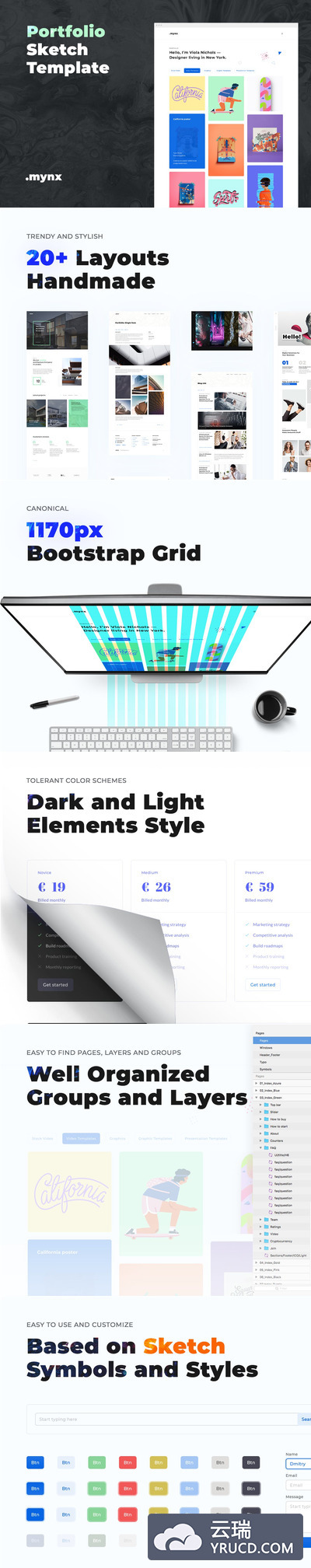 UI Kits | 时尚创意独特元素干净简洁渐变设计投资组合素描模板 - Mynx