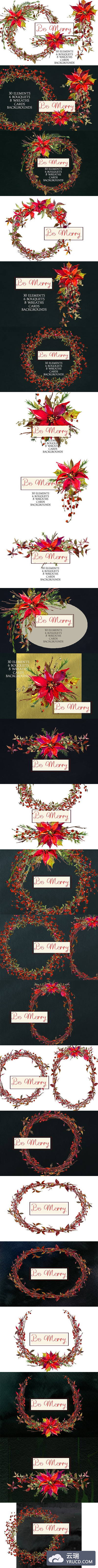 圣诞水彩花卉剪贴画 Christmas Watercolor Flowers Clipart
