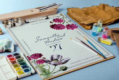 时尚高端优雅植物花卉花朵婚礼邀请函请帖海报设计模板