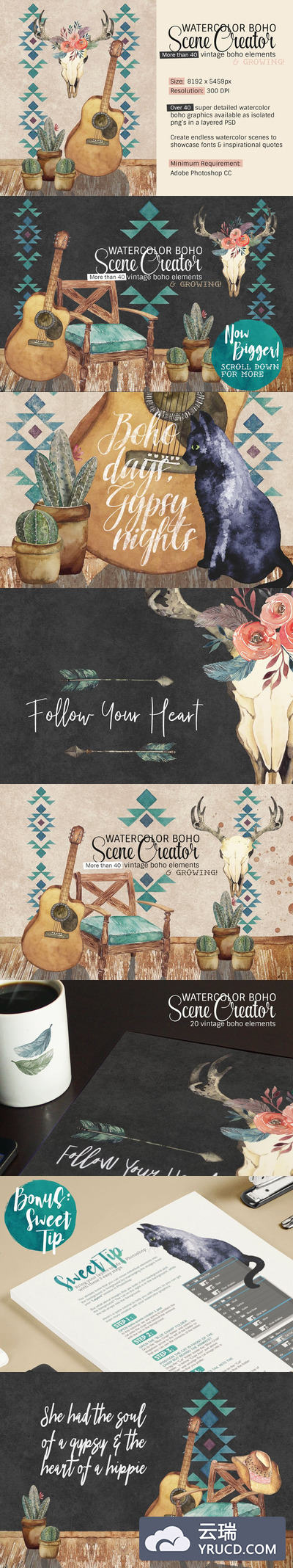 复古波希米亚风格水彩素材 Watercolor Boho Scene Creator