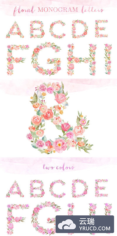 水彩花卉字母剪贴画 Monogram Floral Alphabet Letters