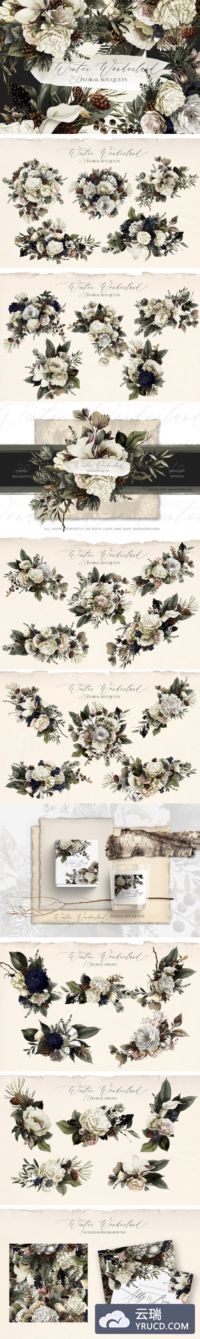 典雅冬季仙境花束插画素材 Winter Wonderland Floral Bouquets