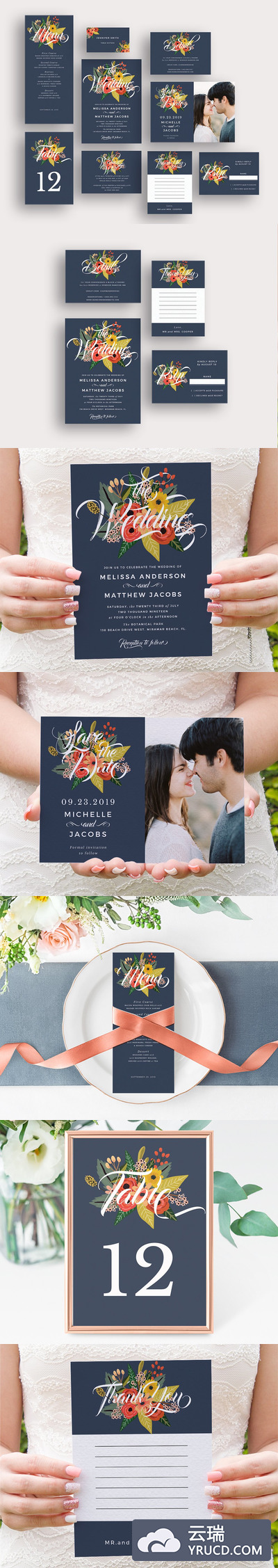 蓝色繁花似锦婚礼设计物料模板 In Between the Blooms on Blue