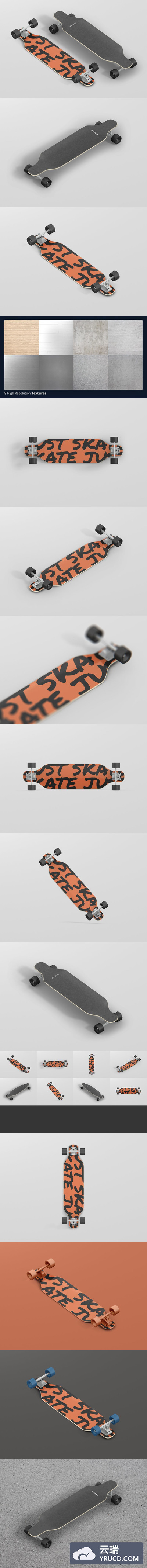 各种角度和视图的高分辨率和完全可定制的Freeride Longboard Mockup滑板VI样机展示模型