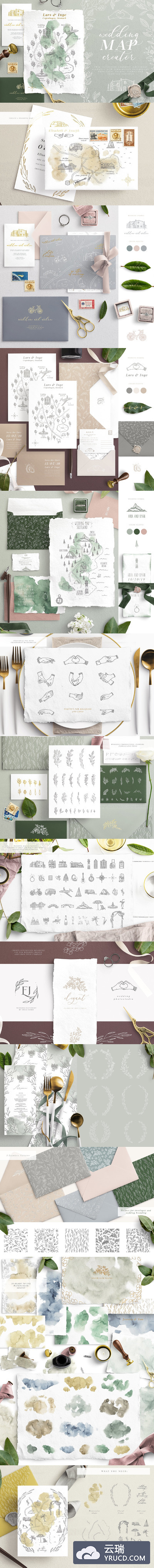 文艺风格婚礼邀请函地图设计素材包 Wedding Map Creator Collection