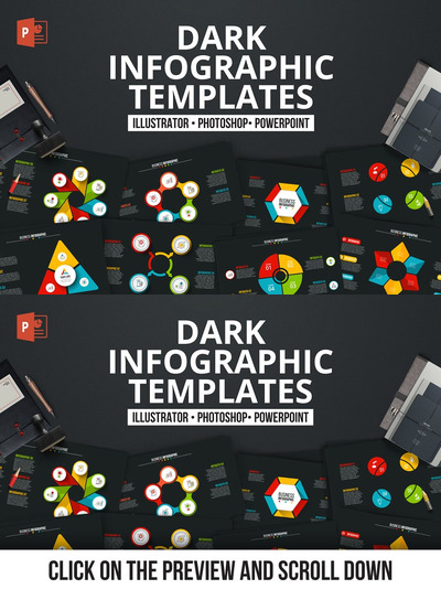 酷黑背景信息图表数据幻灯片模板素材 Dark infographics templates