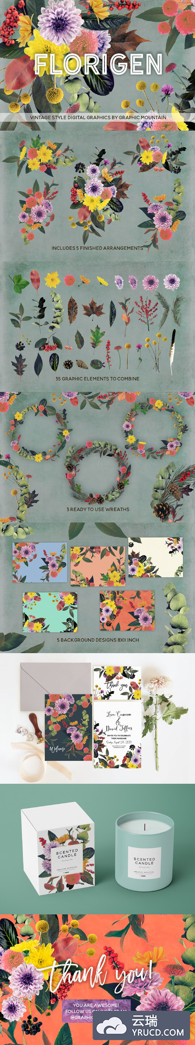 复古浪漫花卉剪贴画集 Florigen Vintage Style Clip Art Set