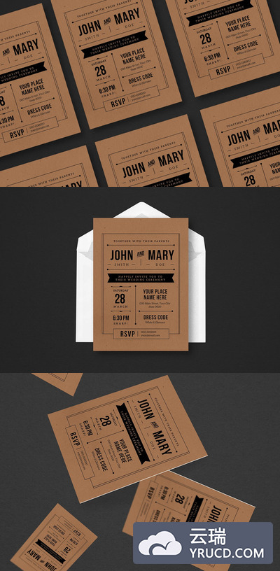 时尚高端简约牛皮纸质感婚礼邀请函请帖海报宣传单DM设计模板