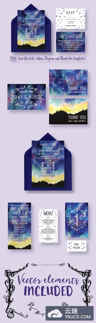 星空主题婚礼邀请函设计模板 Starry Sky Wedding Suite