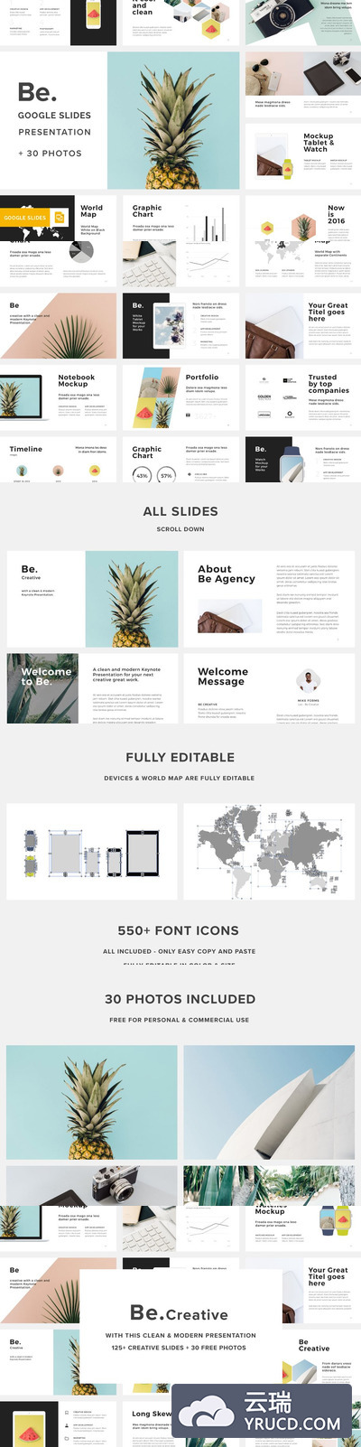 简约现代谷歌幻灯片模板+30张高清背景照片 Be. Google Slides Template +30Photos