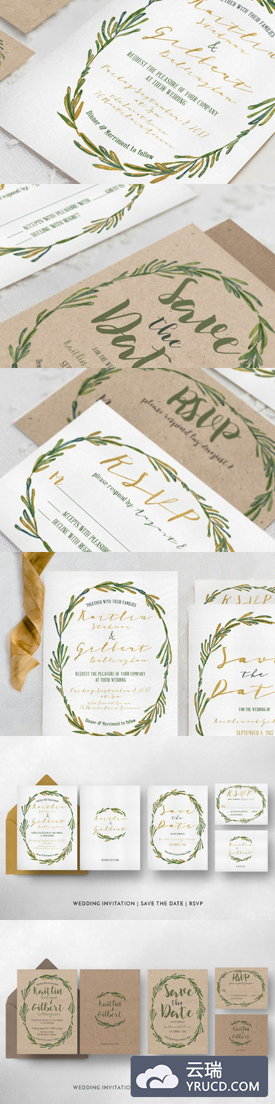 优雅花环婚礼邀请函模板 Elegant Wreath Wedding Suite