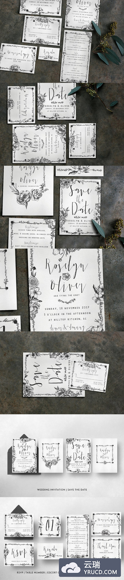 优雅花卉婚礼邀请函设计模板 Elegant Flower Wedding Suite