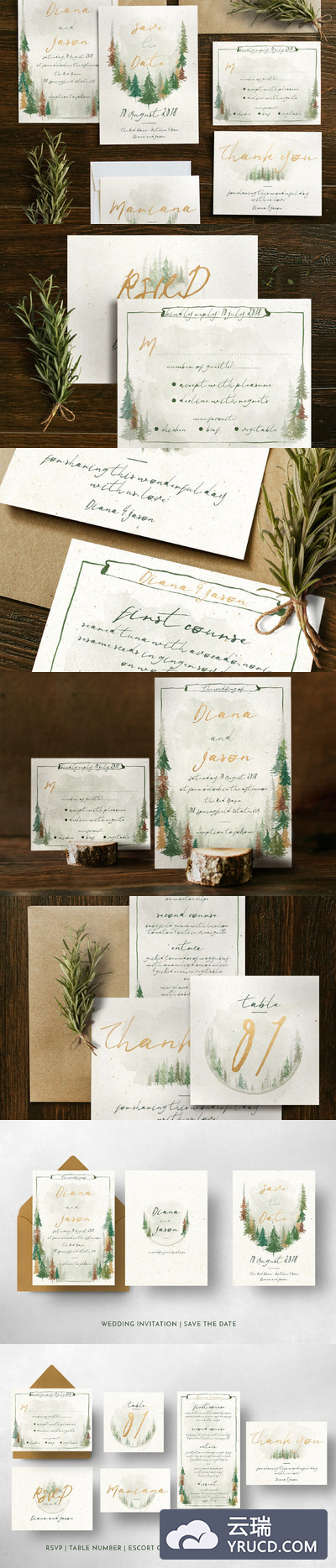 水彩森林背景婚礼设计模板 Watercolor Forest Wedding Suite