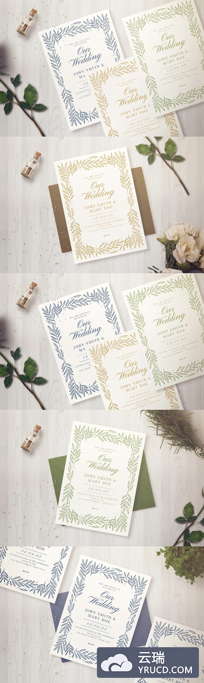 优雅高端时尚清新春天夏天植物婚礼邀请函请帖海报设计模板