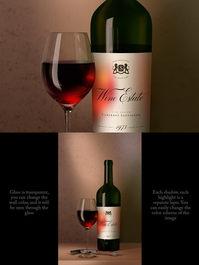 荷兰风红酒酒瓶和玻璃杯样机 Bottle and Glass Mock-up Dutch Style