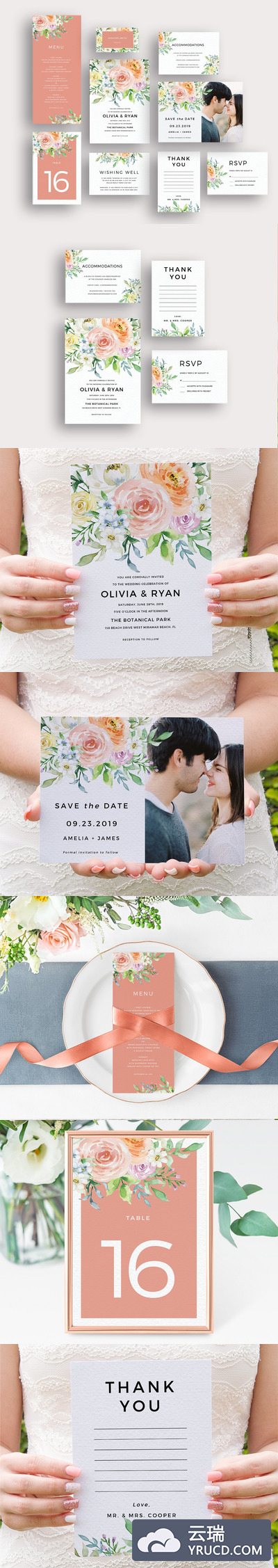 柔和的水彩花卉邀请函模板 Pastel watercolor floral invitation