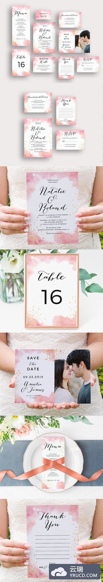 爱情水彩婚礼邀请函设计套装 Peach Watercolor Gold Splashes